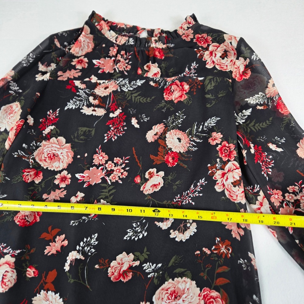 Loft Outlet Floral Shift Dress Womens 6 Black Ruffle Neck Long Sleeve (D10) - Picture 11 of 11